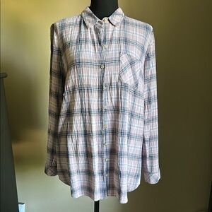 J. Jill Light Mauve, Blue, White, Gray Plaid Longer Button Down Shirt